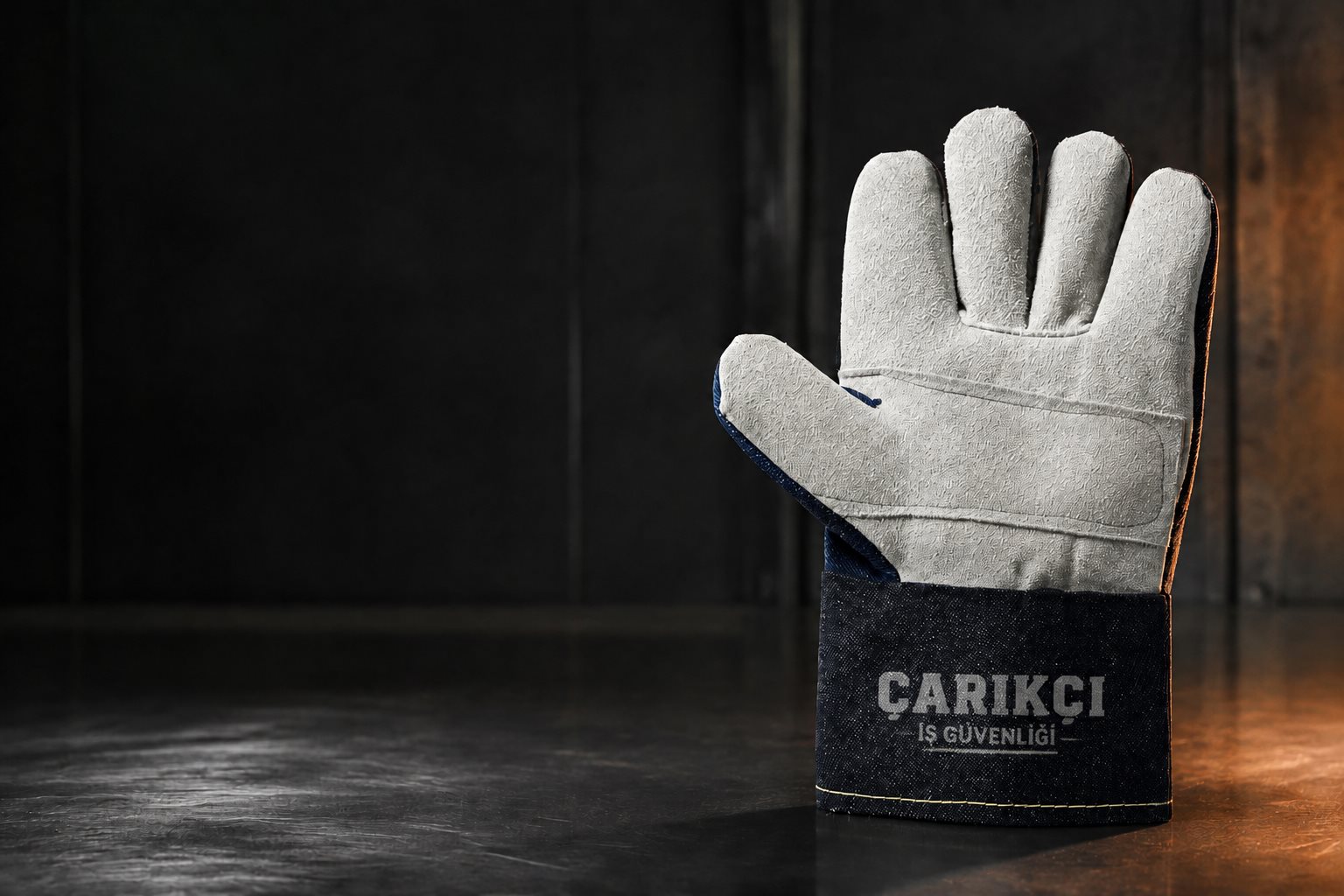 Çarıkçı kaşeli, deri avuç içi ve koyu manşetli iş eldiveni